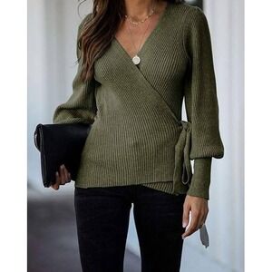 FERBIA Womens Army Green Ribbed Wrap Sweater Long Balloon Sleeve Size Medium